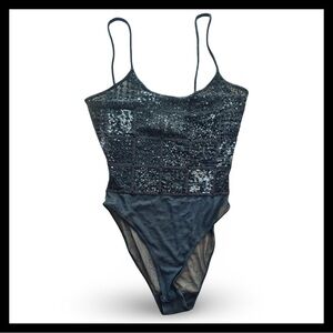 STATE OF CLAUDE MONTANA Black Sequin And Beaded Mesh Bodysuit